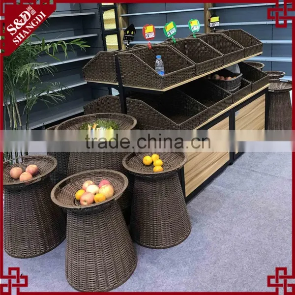China Supplier Direct Sale Supermarket Fruit and Vegetable Display Rack With Rattan Basket photo-3