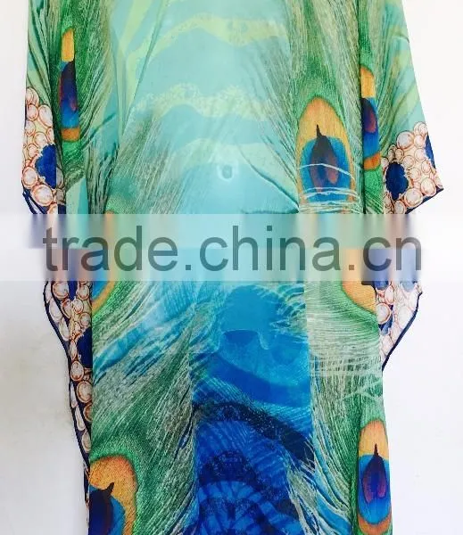Peacock Digital Print Crystal Embellished Lace up Kaftan CAFTAN Tunic Poncho Blouse photo-4