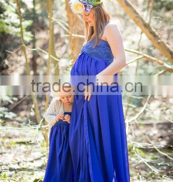 Mommy And Daughter Party Dress Maternity Blue Chiffon Floor Length Gown Dress photo-2