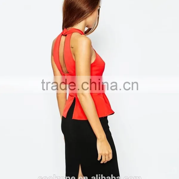 Halter Neck Smooth Stretch Fabric Peplum Top Wholesale Tank Top photo-3