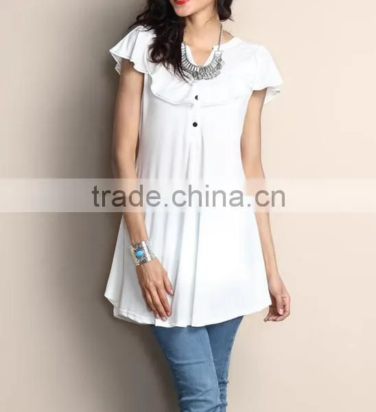 Hot Selling Women Blouse With White Ruffle Notch Neck Cap-Sleeve Tunic Women Tops Women Wear GD90426-8 photo-2