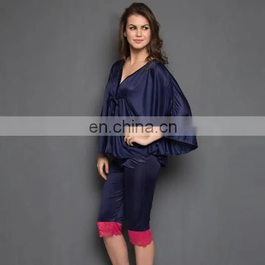 2 Pcs Satin Nightwear Set in Navy & Pink - Kaftan Top & Pyjama photo-2