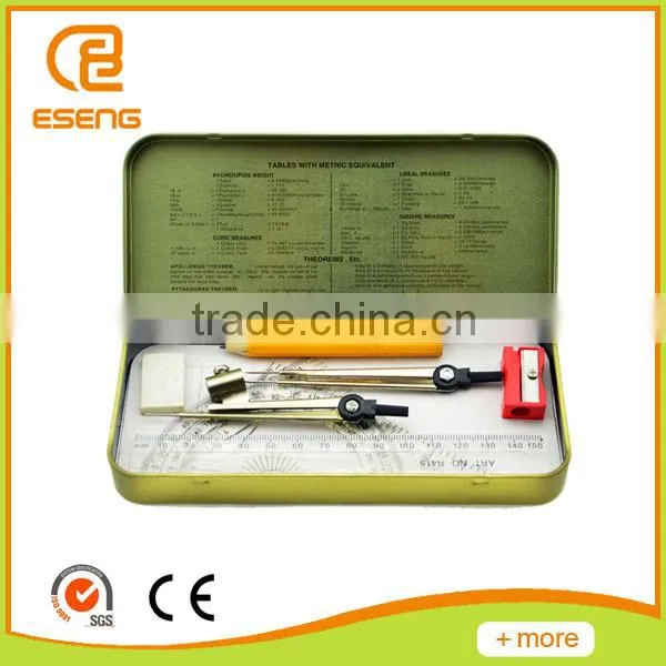 School Metal Box With Compass, Ruler Set, Pencil, Pencil Sharpener in Math Geometry Set
