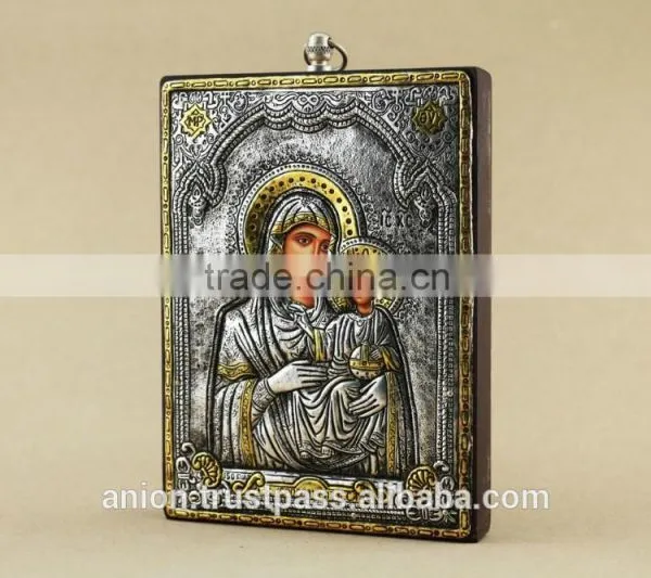 Greek & Russian Orthodox Wooden Icon. Mother God. Hodegetria. Silver. Made in Italy photo-2