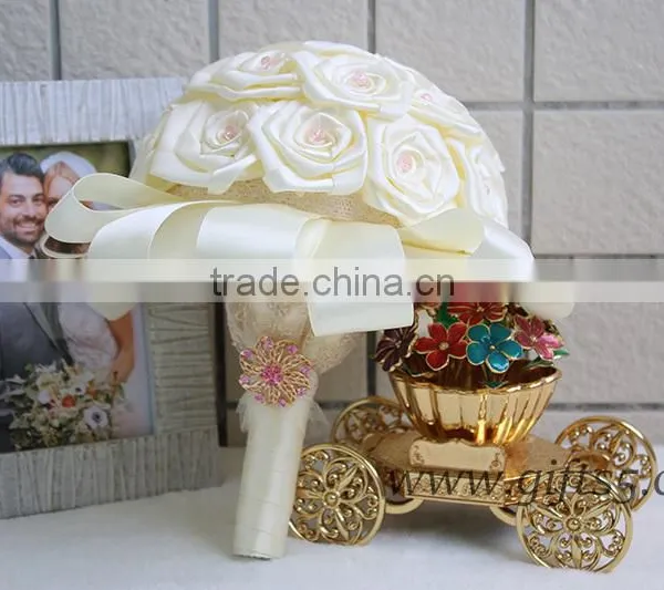 Lovely Satin Roses Bridal / Bridesmaid Bouquets With Lovely Pink Beads and Brooch photo-2