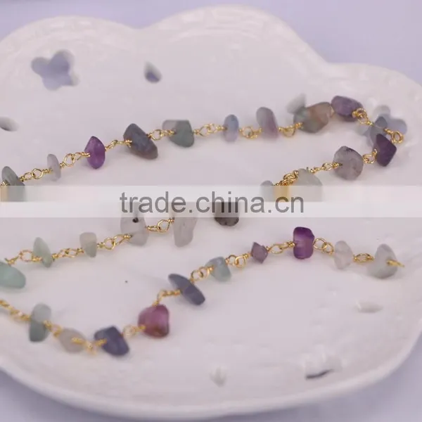 Natural Fluorite Nugget Quartz Chip Bead Rosary Chain, Gold Plated Wire Wrapped Chain photo-3