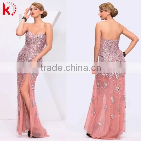 2014 Latest Design Off-shoulder Sexy High Slit Pink Evening Dress Celebrity Evening Dress