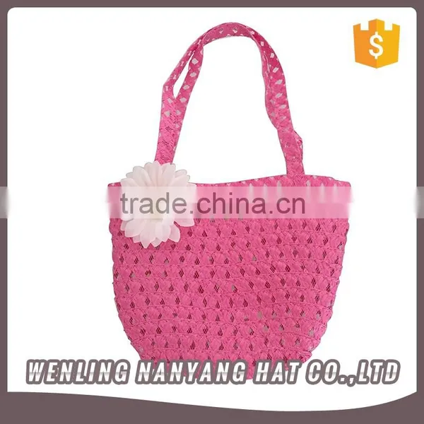 Girl Pink Woven Bag Beach Flower Paper Handbags