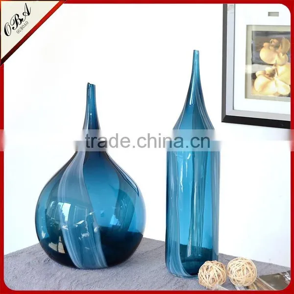 High Quality Flow Pattern Teardrop Shape Deep Blue Small Cuspidal Mouth Art Glass Flower Vase