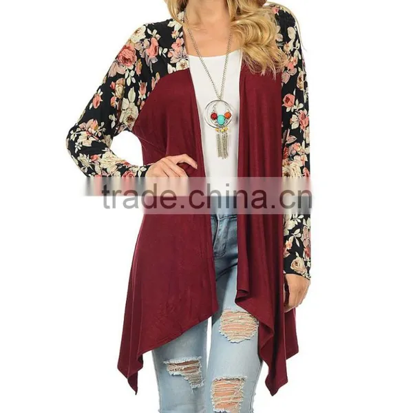 OEM Wholesale Women Fashion Long Sleeve Wine Black Floral Open Cardigan Sweaters photo-2