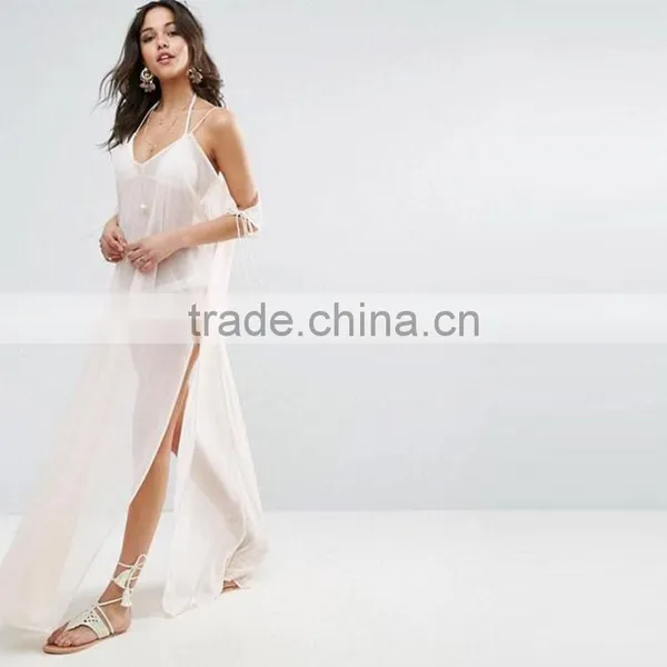 2017 Summer Women Sexy Maxi Beach Kaftan Cold Shoulders Transparent Chiffon Dress HSm9087 photo-2