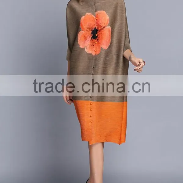 Latest Design Woman Button Flower Printed Crinkled Dress photo-3