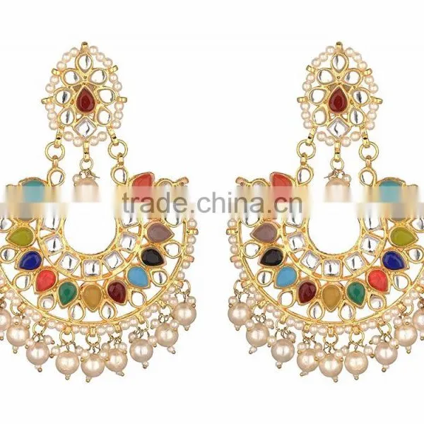 NAVRATAN Kundan Jadau Earring Tikka Gold Plated Chand Bali Set photo-2