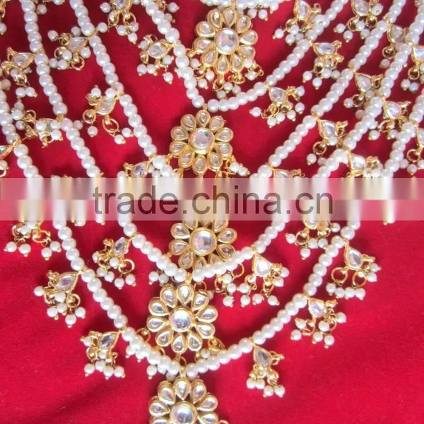 7 Line Bridal KUNDAN GOLD PLATED Necklace DANGLER EARRING Set photo-2