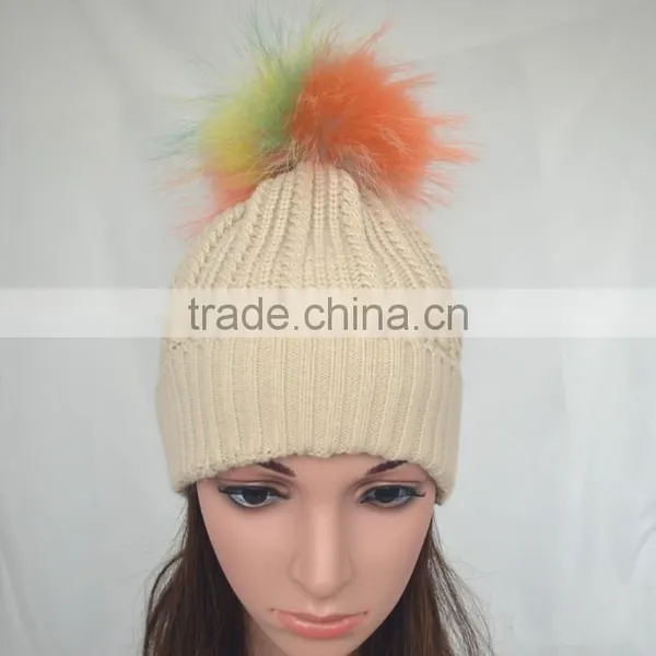 Myfur Random Color Raccoon Fur Pompom Knit Beanie Hat Wholesale photo-2