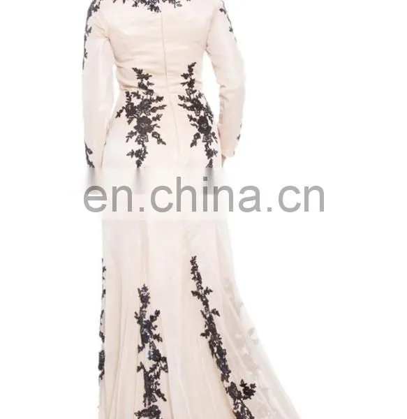 China OEM Long Sleeve Muslim Evening Dress Sequined Silk Beige Muslim Women Formal Dress, Muslim Evening Gown With Wrap Hijab photo-3
