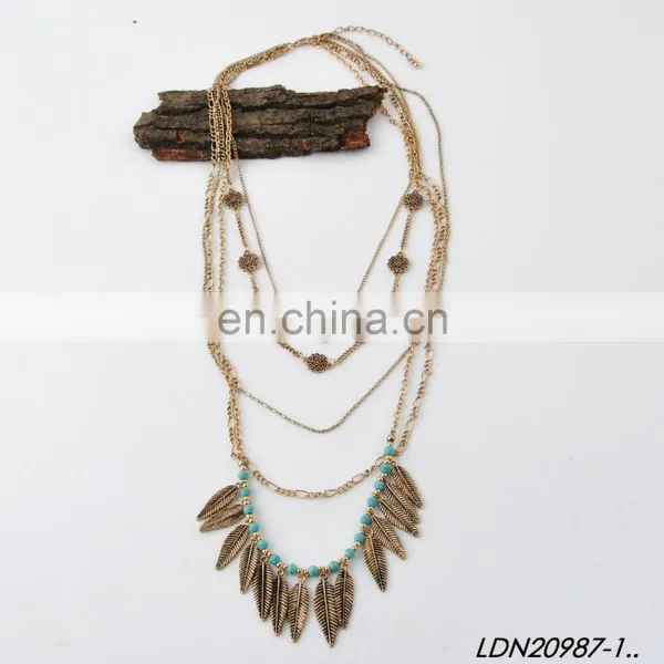 Bohemian Layered Turquoise and Leaves Pendant Necklace Fashion Gold Necklce and Silver Necklaces photo-3