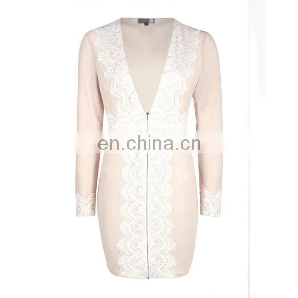 2016 New Fashion Summer Clothes Lace Trim Zip Front Bodycon Dress photo-5