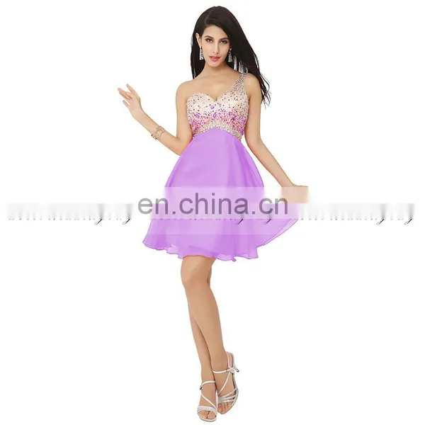 New Fashion One Shoulder Crystal Beaded Coral Chiffon Short Girls Party Dresses AJ001
