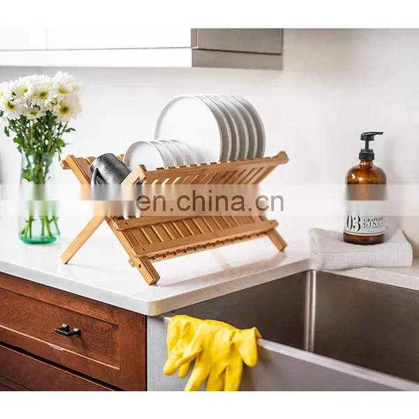Foldable Bamboo 2-Tier Dish Drying Rack Space-Saving Kitchen Countertop Plate Drainer photo-2