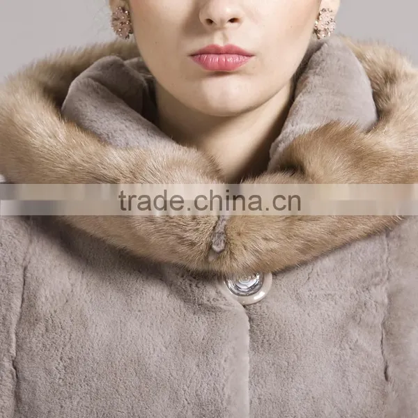 QD29281 Fashionable Europe Styles Raccoon Fur Collar Rex Rabbit Fur Coat For Sale photo-4