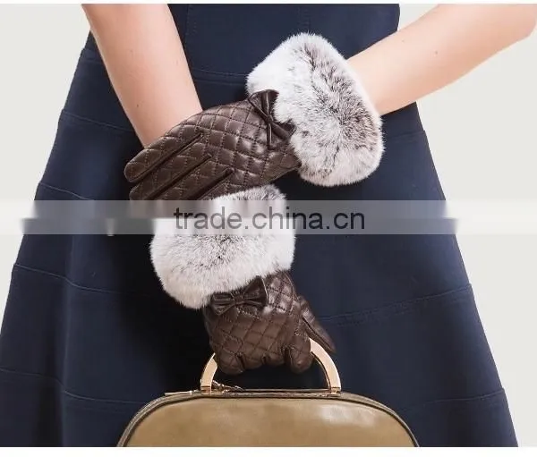 Sheep Leather Lattice Pattern With Bowknot Ornaments Rex Rabbit Fur Trim photo-5