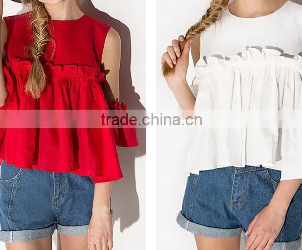 Women's Short Sleeve Solid Colour Round Neck Pleated Tops Blouse photo-6