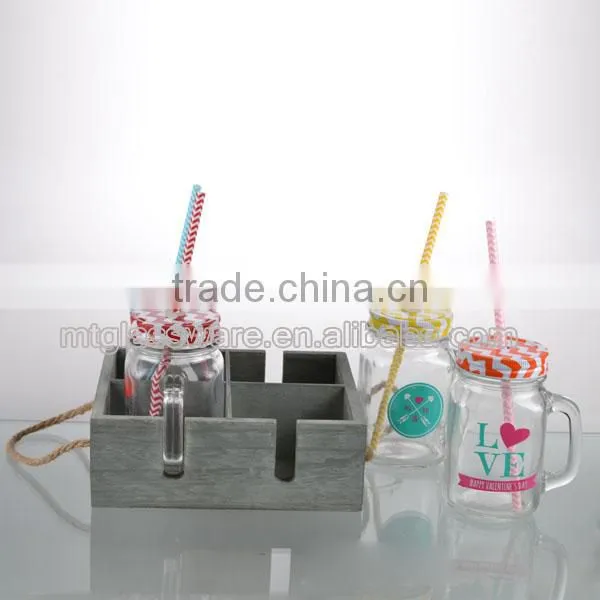 Mason Jars Glass With Lids and Straws Mental Stand With a Wooden Frame photo-2
