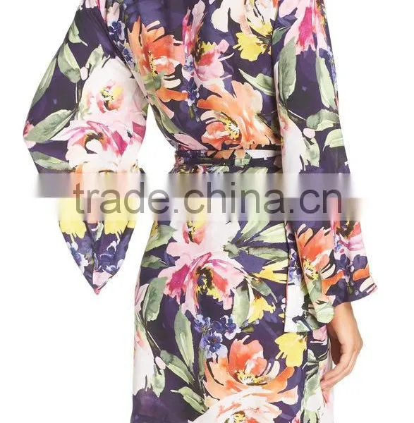 Floral Print Janpanese Kimono Style Robe for Women Long Sleeve Silk Kimono Robes Wholesale Custom Made photo-4