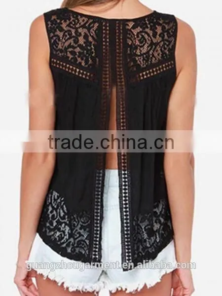 2015 Wholesale Low Price Sleeveless Sheer Lace Cutout Open Split Back See Through Top Vest Blouse photo-5