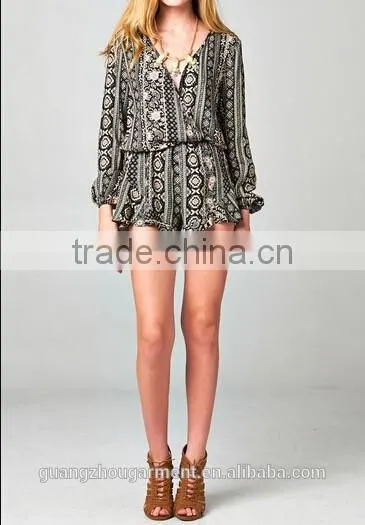 2014 Long Loose Sleeve Print Pattern Casual Wrap Ruffle Romper Jumpsuit for American Street Women photo-2