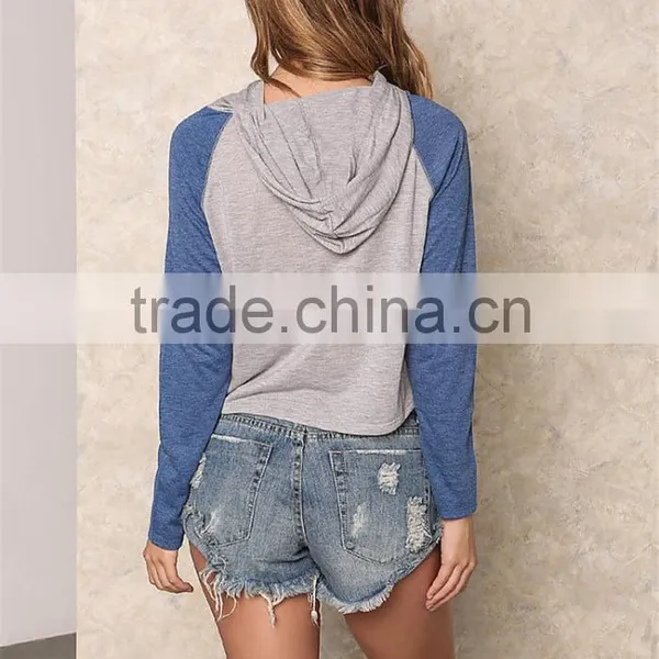 MGOO 2017 New Designs Navy Blue And Grey Raglan Sleeves Cropped Knit Hoodies Tops 180g 100% Cotton Jersey Plain photo-6