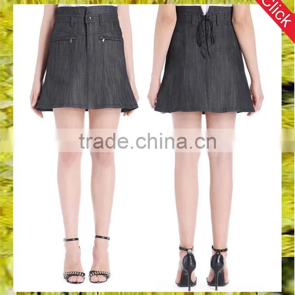 Latest Stretch Raw Black Denim High Waisted Flared Skirt a Line Short Skirts for Women
