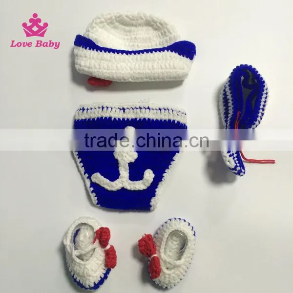 4pcs Set Photo Props Hat+shoes+diaper+tie Fashion Blue Crochet Cowboy Custome Photography photo-4