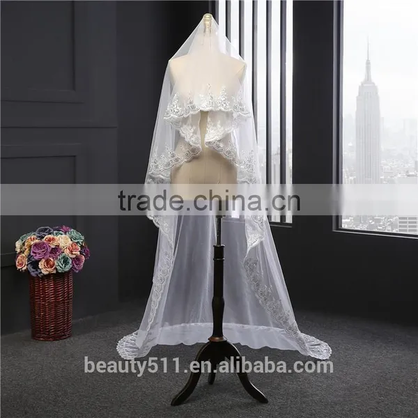 2017 Wholesale New Long Tulle Wedding Bridal Veils TwoTiers Tulle Cathedral Bridal Veils photo-5