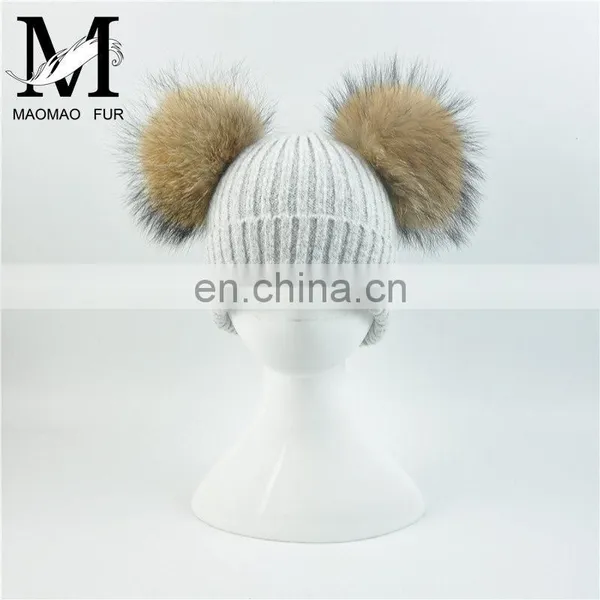 Kids Removable Fur Bobble Hat Winter Double Pom Pom Hat Crochet Kids Hat photo-4