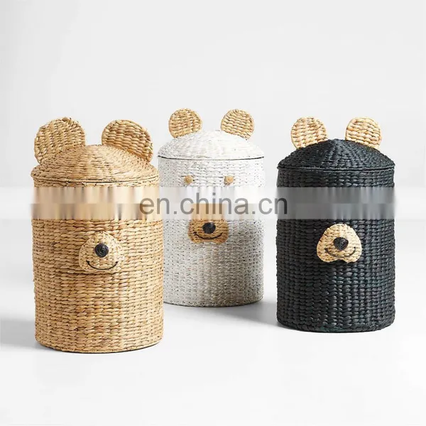 Woven Water Hyacinth White Bear Hamper Home Decoration Clothes Wicker Basket Iron Frame Best Price Wholesale