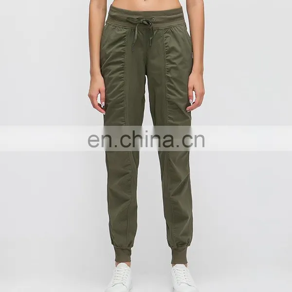 Wholesale Custom Woven Fabric Wholesale Womens Drawcord High Waisted Sports Workout Gym Wear Lightweight Jogger Pants