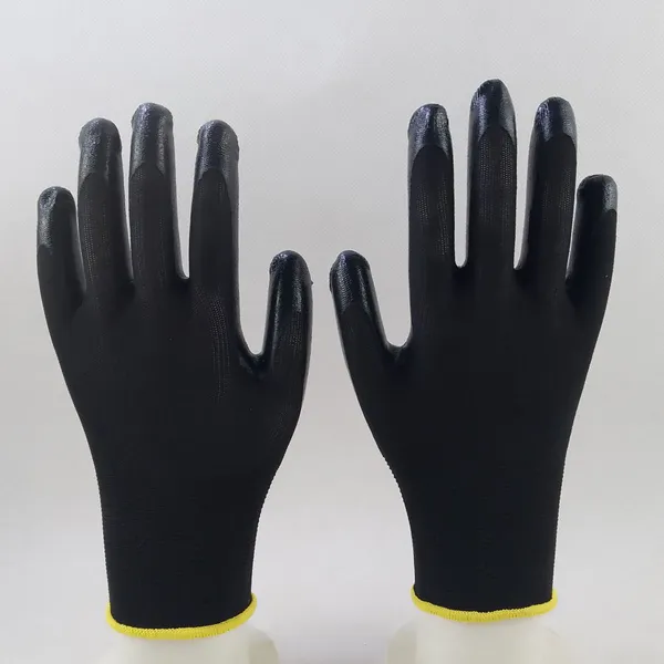 Black Polyester Knitted Black Nitrile Palm Coated Safety Work Gloves for Construction Workplace Workshop Plant Workers Wearing photo-3