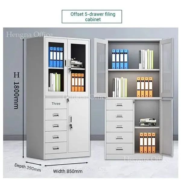 Steel Office Storage Cabinet With 5 Lockable Drawers – H1800mm Filing & Wardrobe Combo | Customize Color or Add Logo photo-5