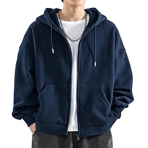 Japanese-style Retro Solid Zipper Cardigan Hoodie Men Loose-fit Hooded Jacket Fleece Lining Warm Trendy Youth Brand