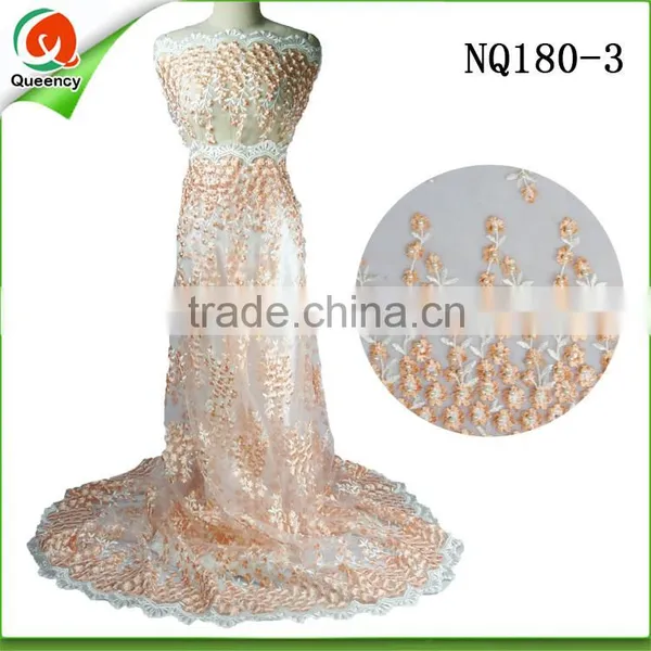 NQ180-7 Orange Nigeria Fabric Tulle Net Lace Fabric With Pearls photo-2