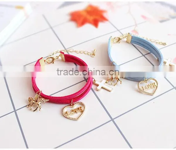 Gold Love Heart Cross Horse Feather Charms Sude Leather Bracelet Multi Layer Velvet Leather Bracelet photo-3