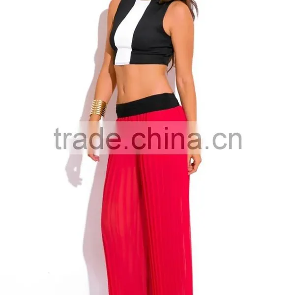 Hot Sale Lady Red Pleated Chiffon Wide Leg Pants Wholesale photo-3