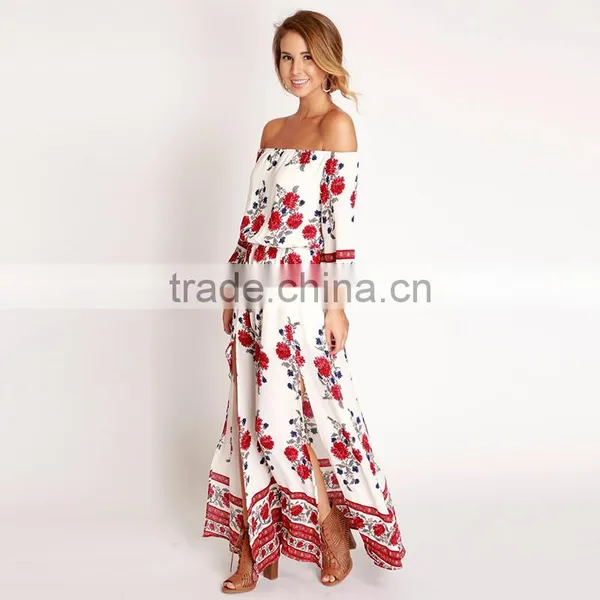 Maxnegio Sexy Long Sleeve Boder Print off Shoulder Midi Evening Dress photo-3