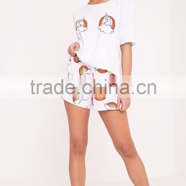 CFull Print Funny Design Women Pyjama Set Unicorn Rainbow White PJ Set Custom Design Ladies Pajama Set photo-5
