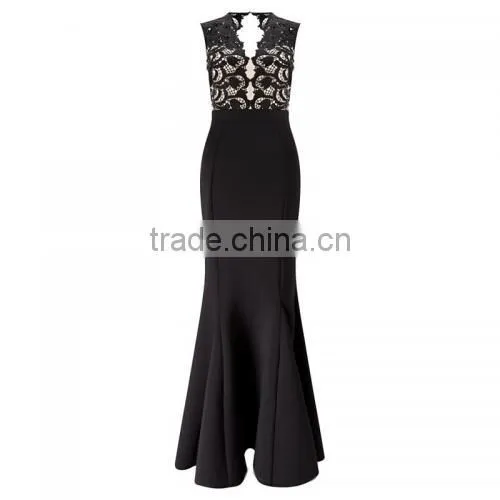 2017women Clothing Manufacturers Guangzhou Evening Dress Supplier Hollow Lace Patchwork Black Dress Evening photo-2