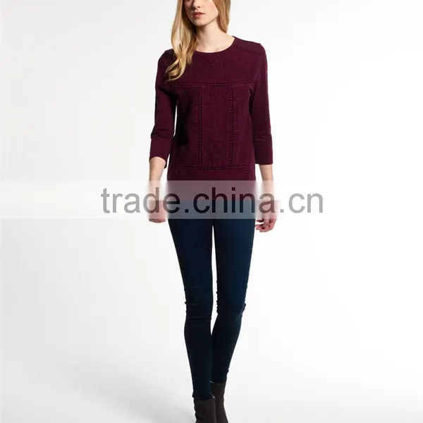 2017 Hot Selling Guangzhou Shandao New Style Women Autumn Casual Wine Red 3/4 Sleeve Round Neck Embroidered Rayon Tops photo-6