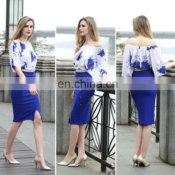 Ladies Crop Top Blue Floral Print Off Shoulder Tops photo-2