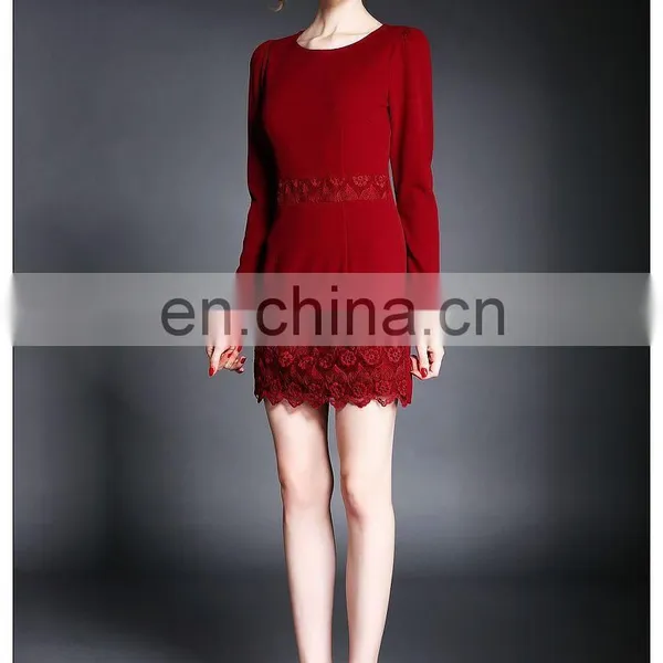 High Quality Ladies Maroon Dress With Lace Trim, Long Sleeve Fashion Autumn Dress photo-4